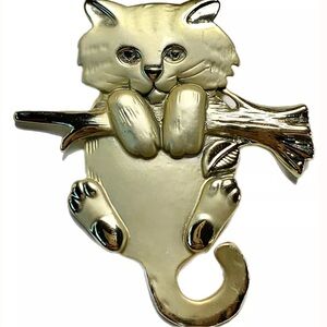 Rare Vintage JJ Brand Gold Kitty Cat Hang In There Brooch